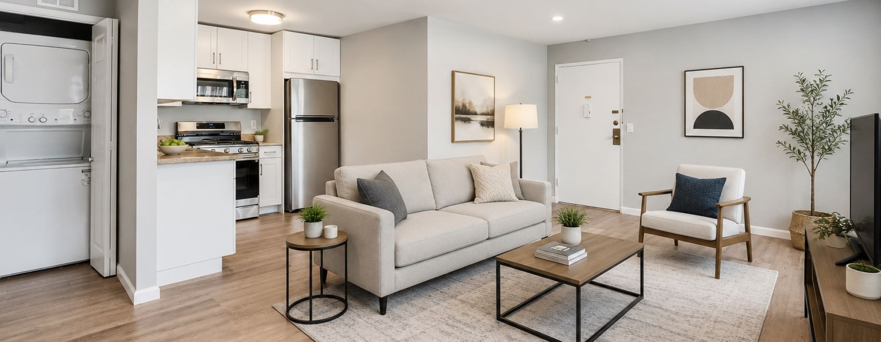 a living room with a couch, chair and tables