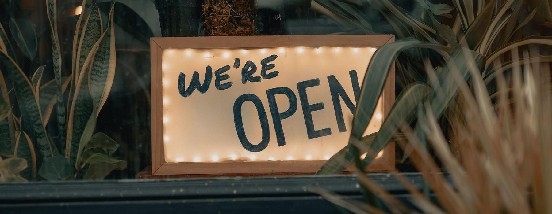 We're Open sign on a window ledge, surrounded by plants